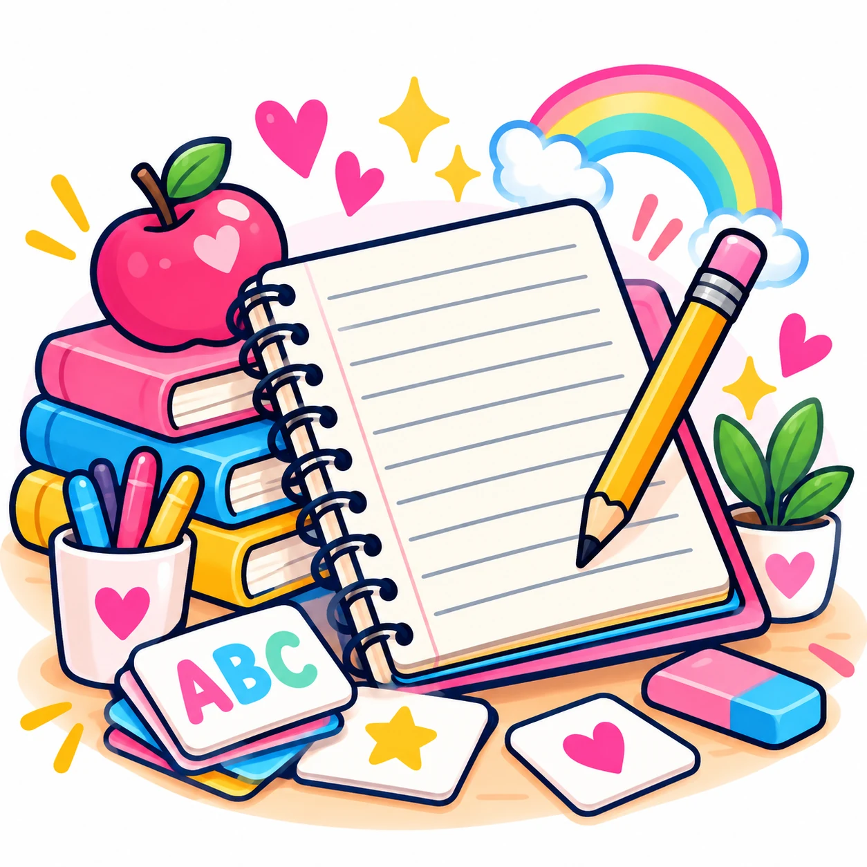 Ilustración colorida de cuaderno, lápices, libros, manzana y arcoíris para el acompañamiento escolar